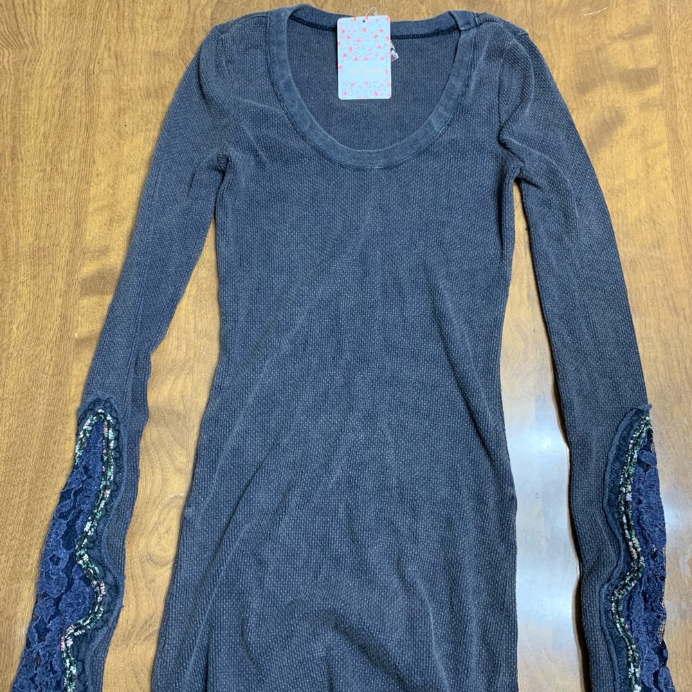 Free People XS Long Sleeved Waffle Blue Shirt